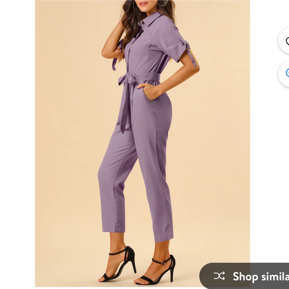 Allegra K Women's Romper Turndown Collar Button up Tie Waist Cargo Jumpsuit S